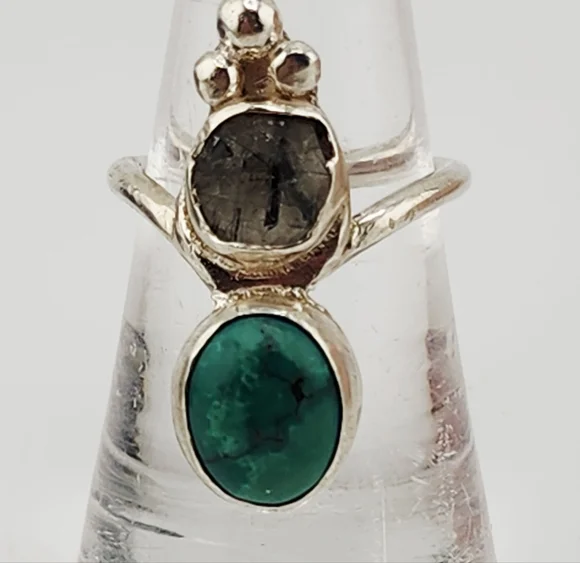 TURQUOISE & RUTILATED QUARTZ HANDMADE RING IN STERLING SILVER METAL SIZE 7 - Picture 10 of 10